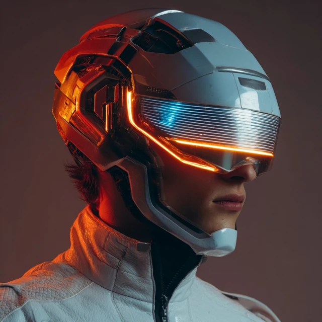 Cyberpunk Portrait Futuristic Helmet Orange and Blue Lights