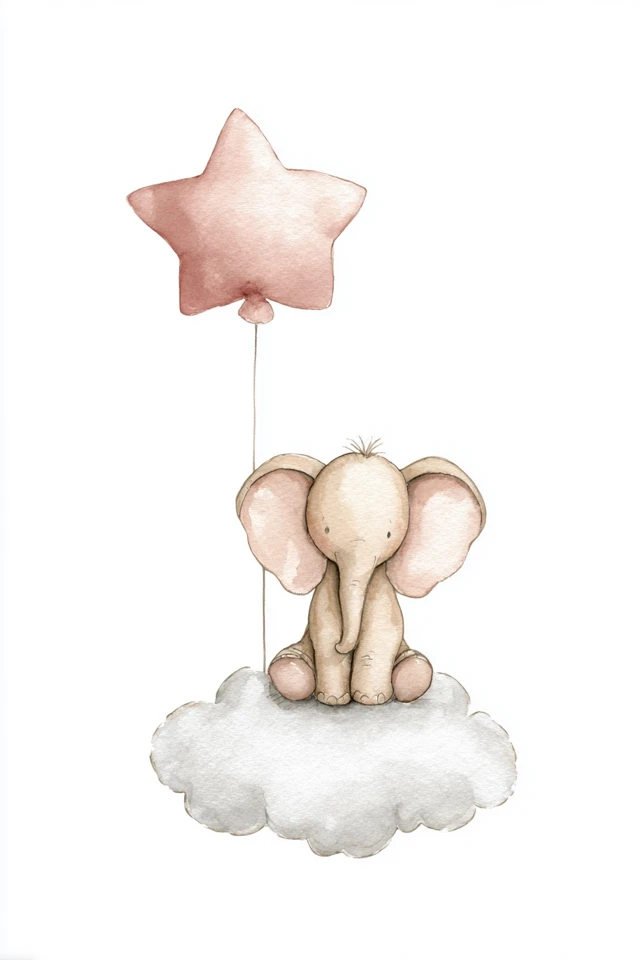 Cute Elephant on Cloud with Balloon and Star
