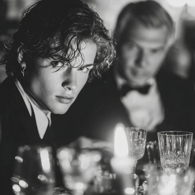 Elegant Young Man Dining in Black and White