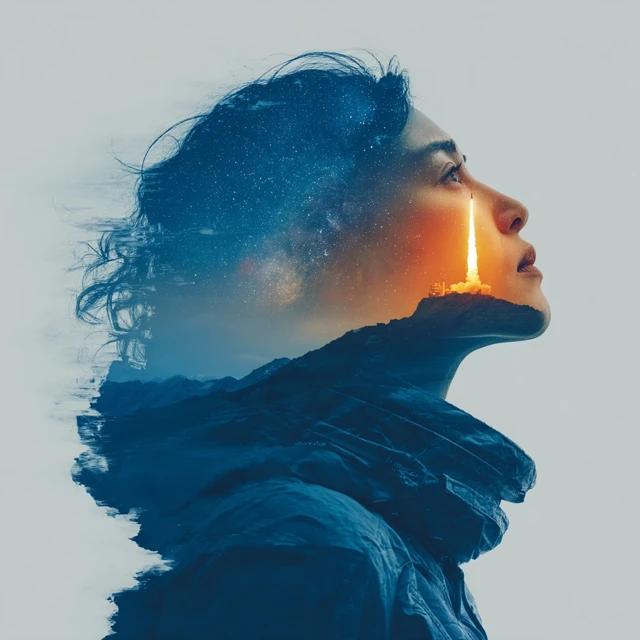 Asian Scientist Space Double Exposure Portrait