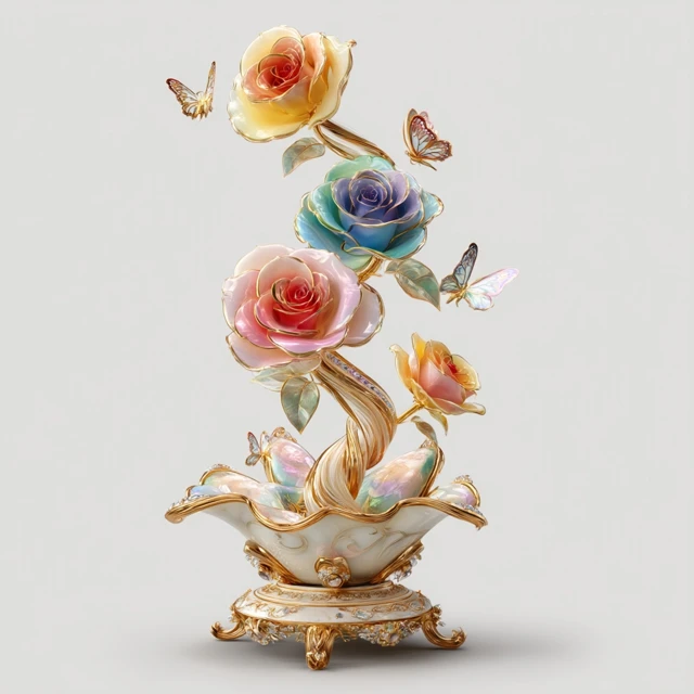 3D Rainbow Rose Sculpture on Pedestal