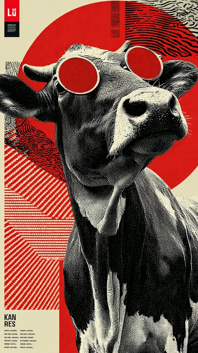 Bauhaus Cow Advertising Poster with Red Spectacles