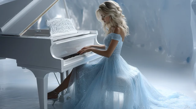 Woman Plays Piano in Ice Palace Elegant Gown