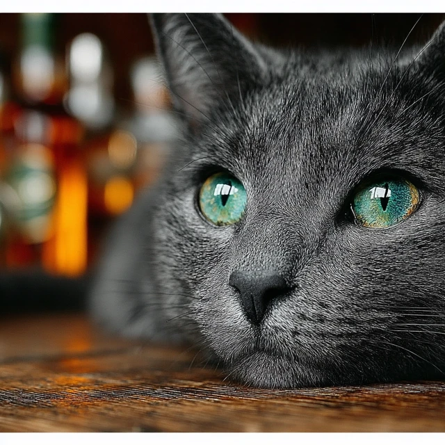 Russian Blue Cat with Whiskey and Floral Background