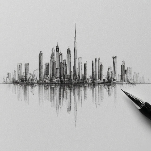 Dubai Skyline Pencil Sketch Architectural Rendering