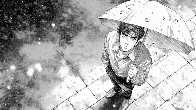 Manga Illustration of a Man in Rain