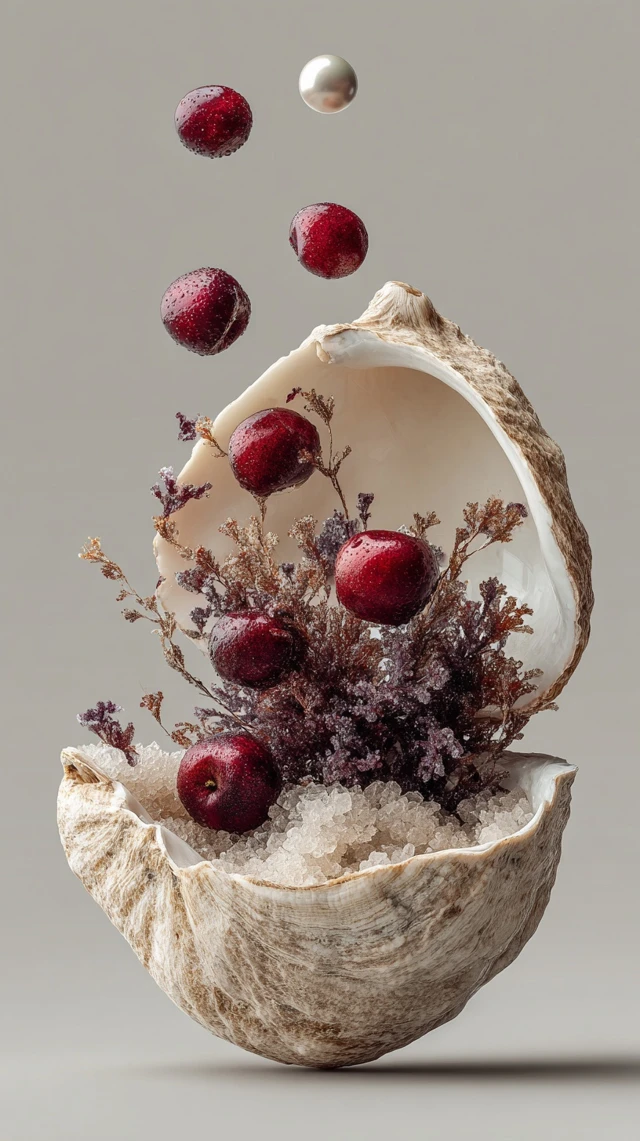 Surreal Shell with Cherries Salt Crystals and Pearl