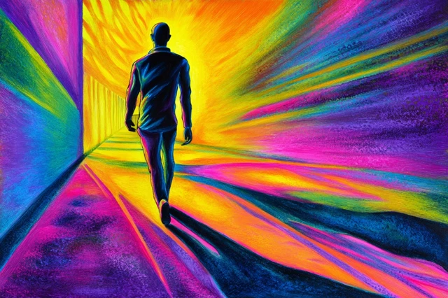 Figure Walking into Light Vibrant Art