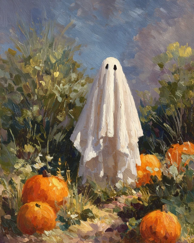 Vintage Ghost in a Pumpkin Patch Oil Painting