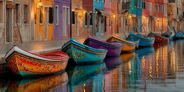 Venetian Gondolas Colorful Line Venice Travel Photography