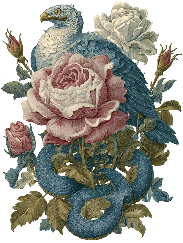 Snake Dove and Rose Old English Illustration