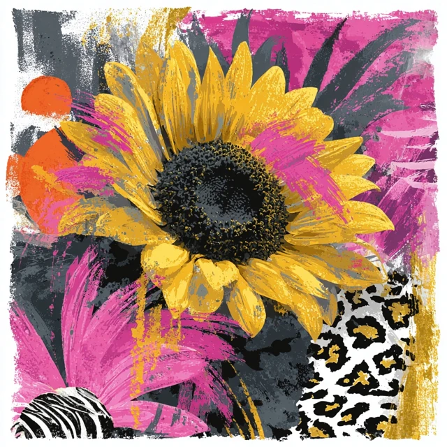 Sunflower Art Print with Animal Print Accents