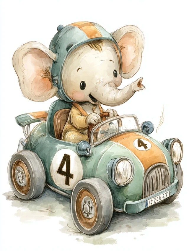 Cute Baby Elephant Driving Race Car Watercolor