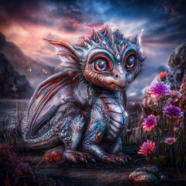Cute Baby Dragon with Pastel Scales and Flowers