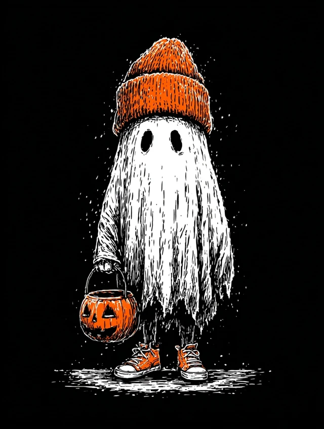 Cute Ghost in Beanie Halloween Illustration