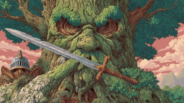 Angry Anime Tree Warrior with Sword and Helmet