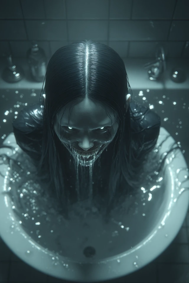 Scary Female in Bathroom Hyperrealistic Scene