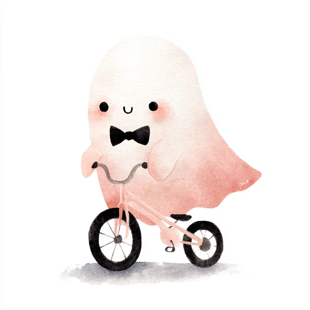 Cute Ghost Riding Bicycle Pastel Watercolor Art