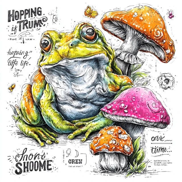 Goofy Frog on Mushrooms Fun Illustration