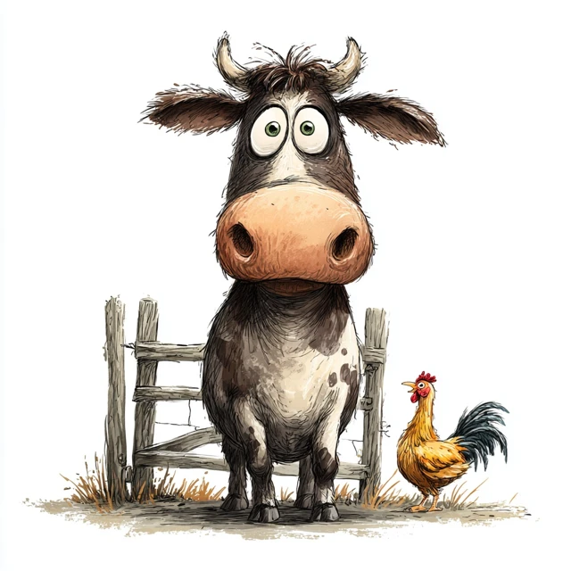 Funny Cartoon Cow and Chicken Friends Illustration