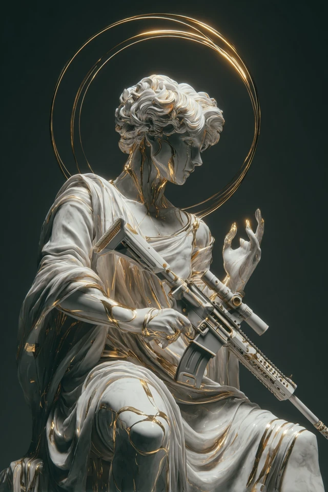 Marble Statue with Halo and Futuristic Rifle 3D