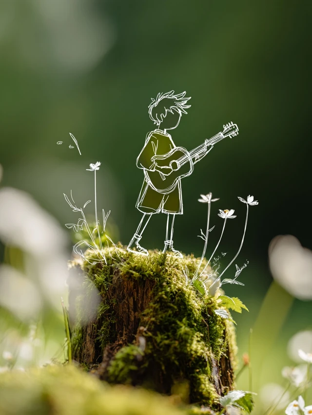 Boy Plays Guitar on a Stump in Forest Illustration