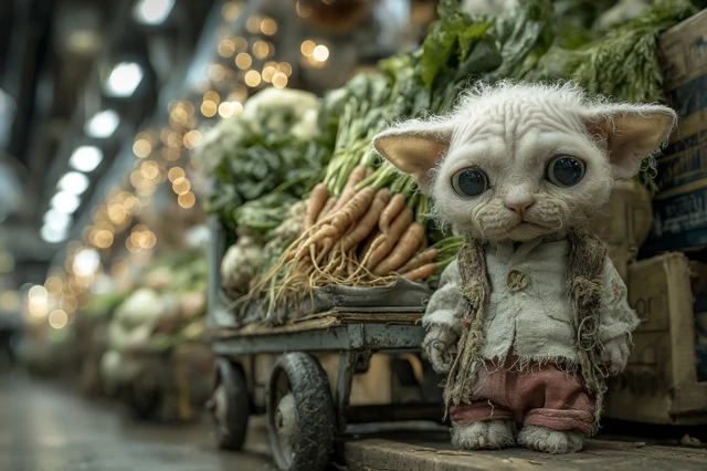 Devon Rex Kitten at Market Sad Adorable Cartoon