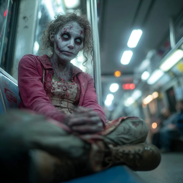 Deranged Zombie Lady on Subway Realistic Photo