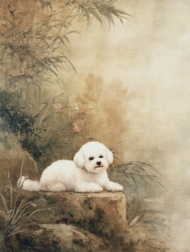 Chinese Ink Painting Bichon Frise in Misty Forest