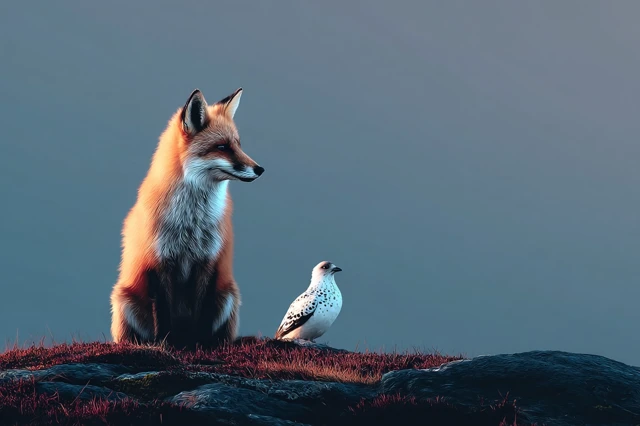 Fox and Ptarmigan Wildlife Illustration