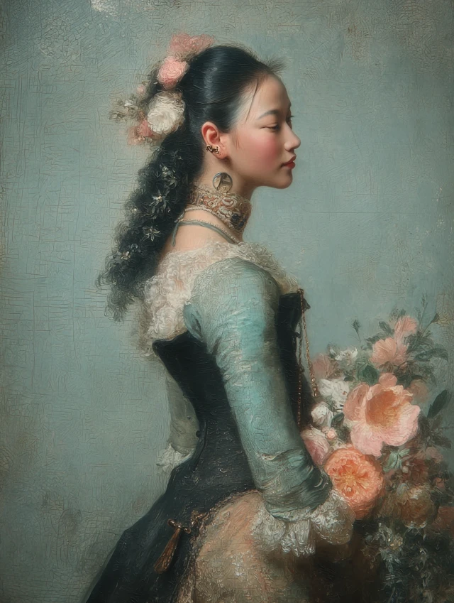 Rococo Painting of Asian Woman with Elegant Hair