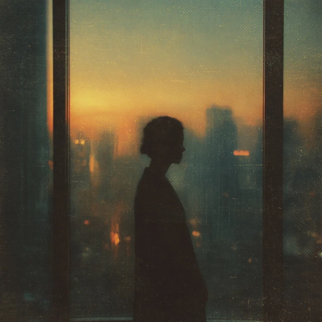 Woman at Window Cityscape Dreamy Dusk