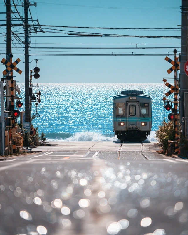 Japanese Train Crossing Road by the Sea