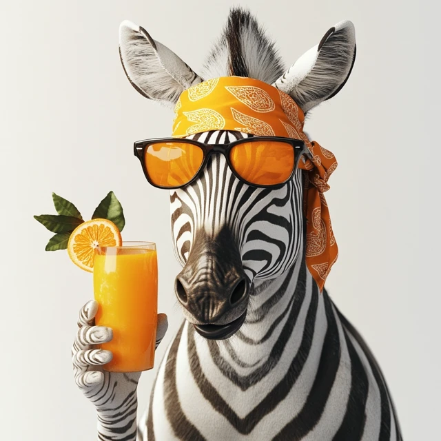 Zebra with Orange Juice in Sunglasses Hyperrealistic