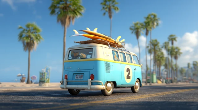VW Bus in Venice Beach with Surfboard