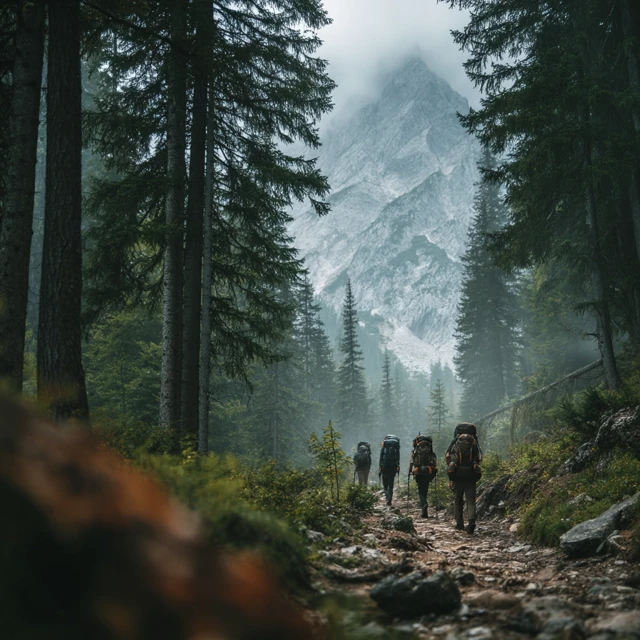 Hikers Exploring Forest Mountains Realistic Photo