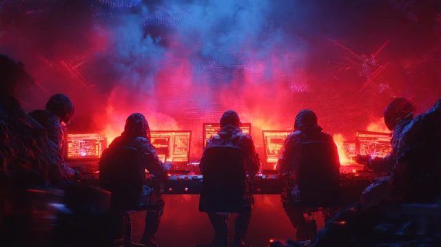 Cyber Battle Epic Scene Red vs Blue Futuristic Warfare