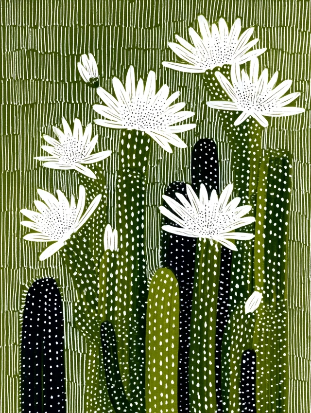 Cactus with White Flowers Naive Art