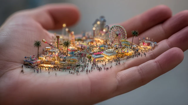 Miniature Theme Park in Hand Surreal Illustration