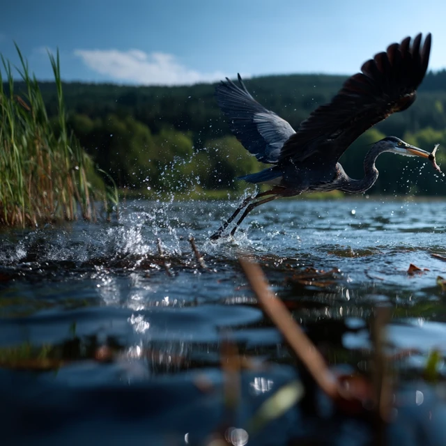 Heron Hunting Fish in Shimmering Water