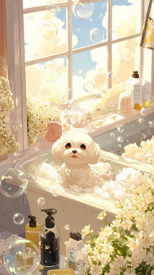 Maltese Puppy Bathing in Flowers Anime Art