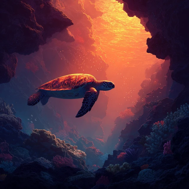 Underwater Turtle Volcanic Scene Illustration