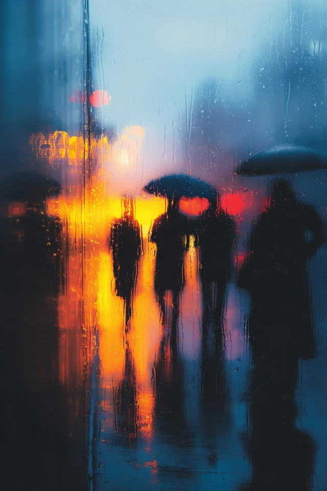 Rainy Street Scene Silhouettes Impressionist Art