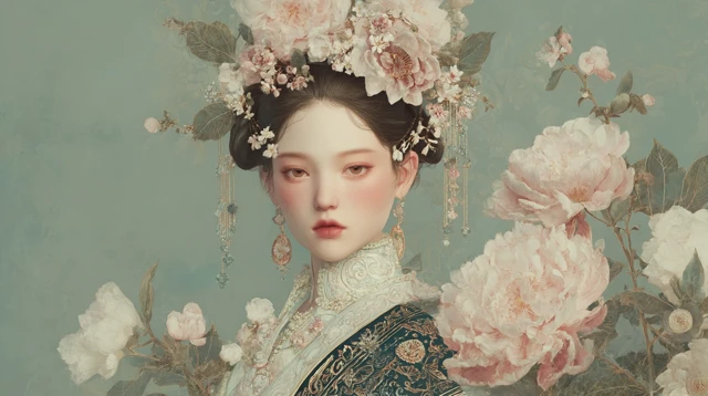 Ethereal Chinese Painting: Woman in Floral Dress