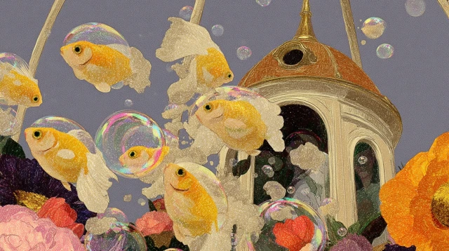 Goldfish Castle in Bubbles Dreamy Illustration