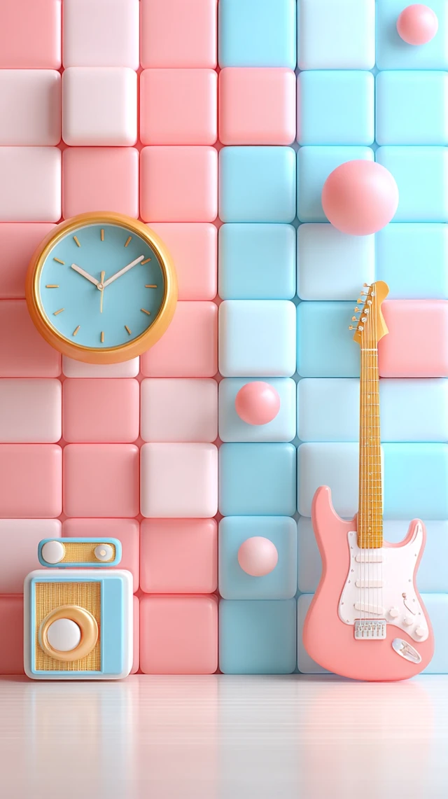 Pastel 3D Render: Pink and Blue Tiles, Clock, Guitar