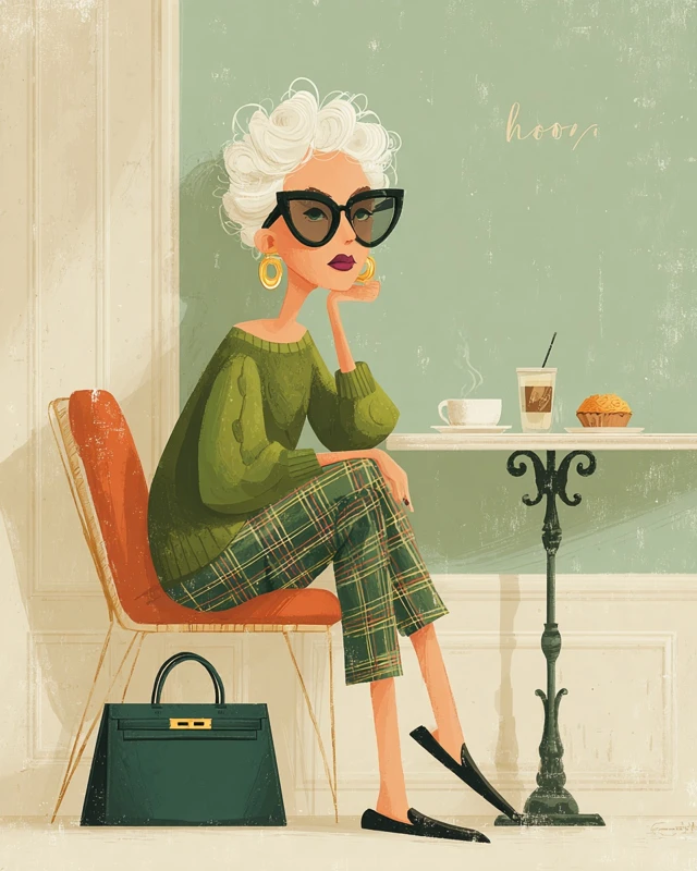Stylish Senior Woman at French Cafe Illustration
