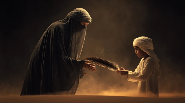 Emirati Woman and Boy Symbolic Moment Desert Night