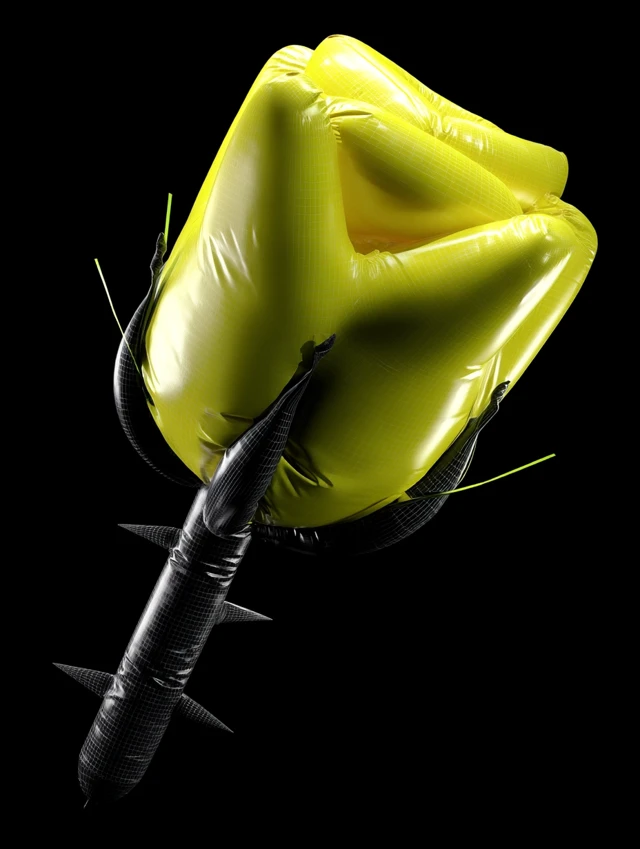 3D Render Yellow Inflatable Rose on Black Background