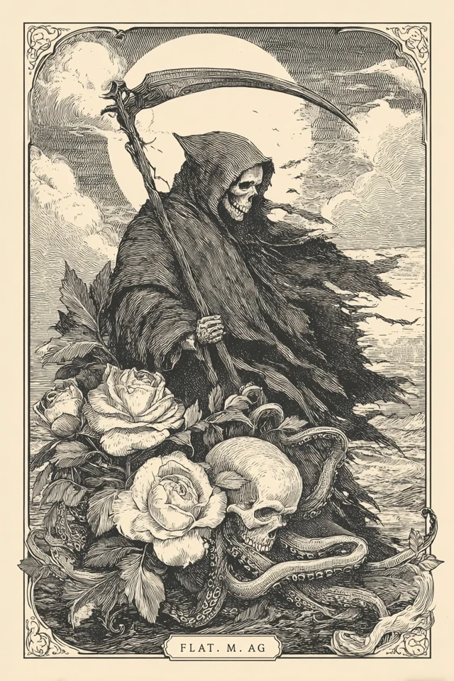 Grim Reaper Octopus Roses Tarot Card Art